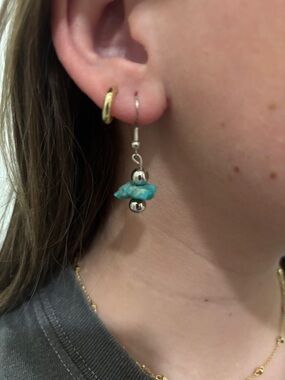 Turquoise Chip Drop Earrings with Silver Beads - Women Jewelry
